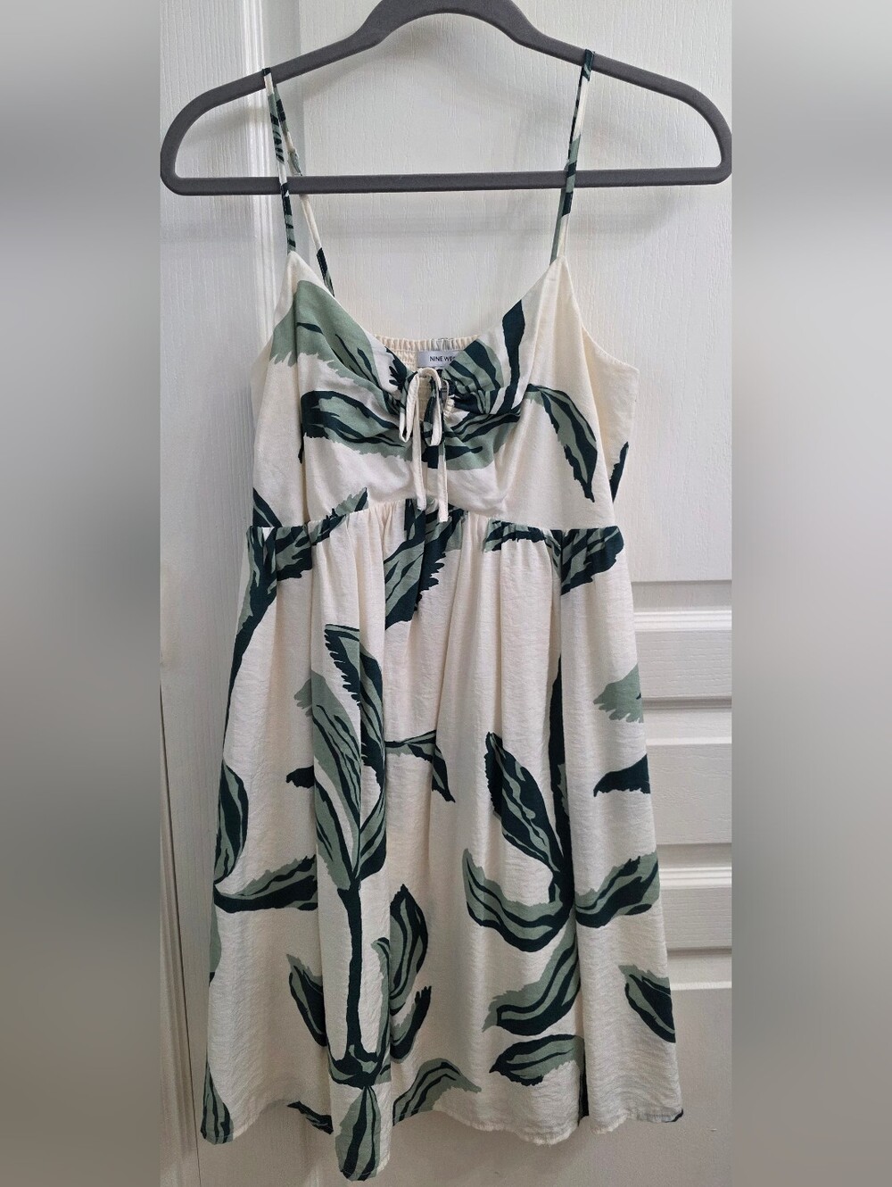 Nine West Cream Babydoll Sundress with Green Leaf Print